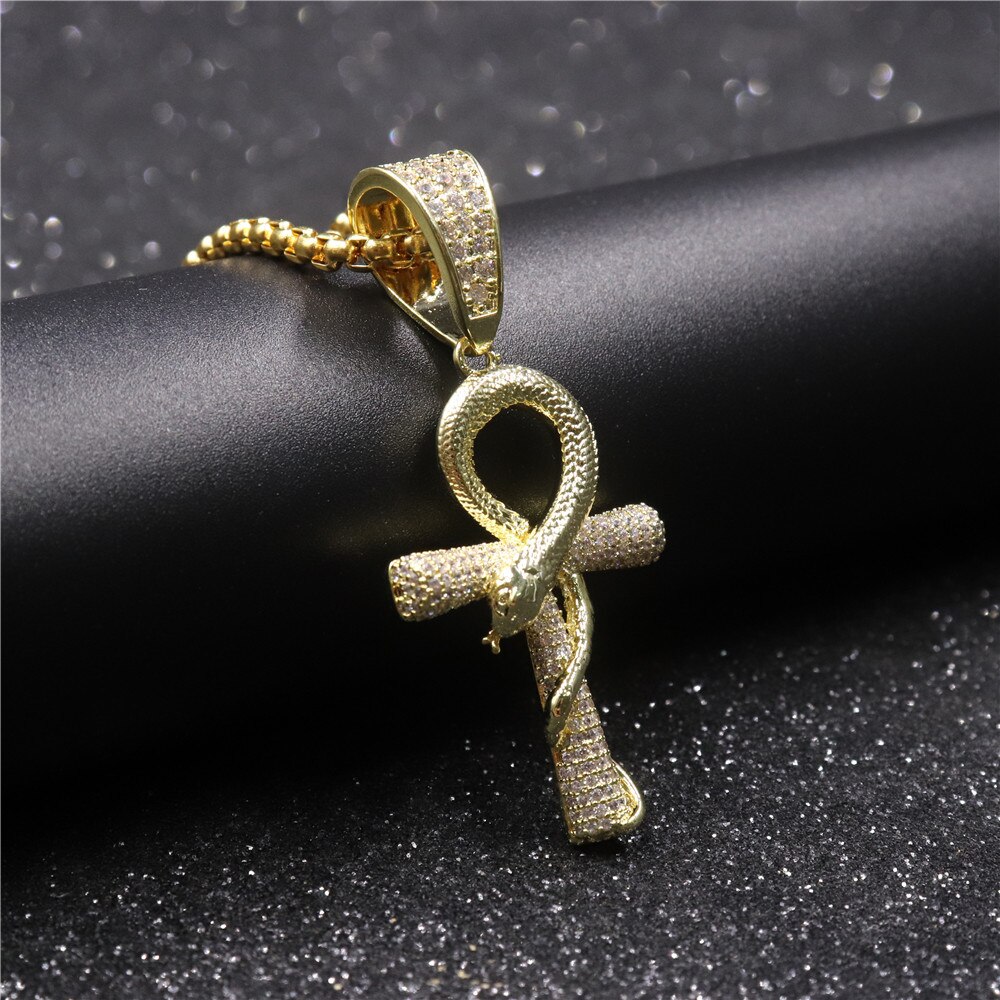 Hiphop Sieraden Bling Iced Out Ankh Kruis Met Slang Hanger Kettingen Pave Instellen Cubic Zirconia Vintage Ketting Voor Vrouwen