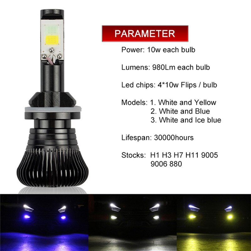 2 kpl 9005/h11/h3/880/h1 led polttimot kaksivärinen auton ajovalo 3000k 6000k 2400lm led ajovalon polttimo kaksivärinen auton sumuvalo 12v
