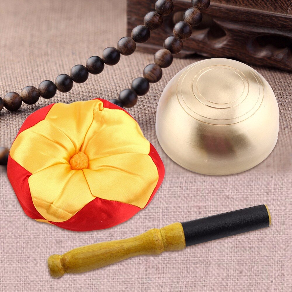 Buddhism Tibetan Singing Bowl Cushion Wood Stick Tibetan Bowl Buddhism Meditation Brass Vintage Home Decorative