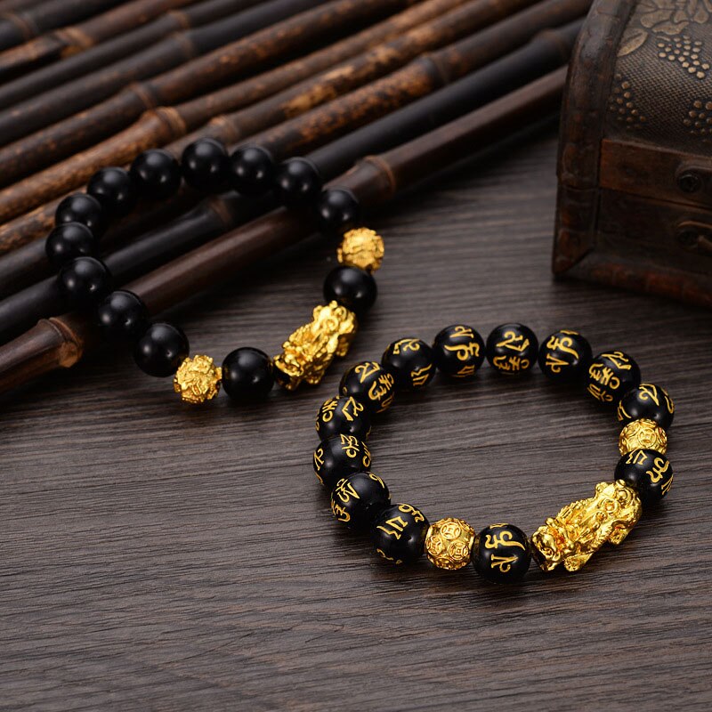 Obsidian Stone Beaded Bracelet with Golden Pixiu Charms Pendant for Men Buddhist Jewelry TT@88