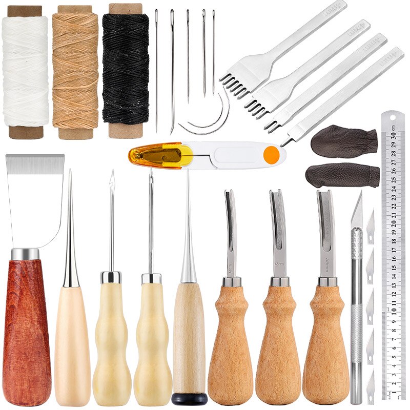 ELECTOP 31 Stks Lederen Craft Gereedschap - DIY Lederen Naaien Kit met Groover Awl Waxed Draad Vingerhoedje