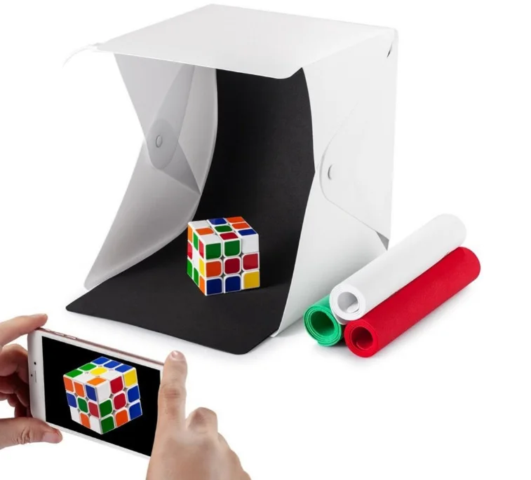 Tragbarer, zusammenklappbarer LED-Fotostudio-Mini-Foto-Lampenkasten, kleine Größe, 20 cm, praktisches Handgepäck-Kamera-Zubehör