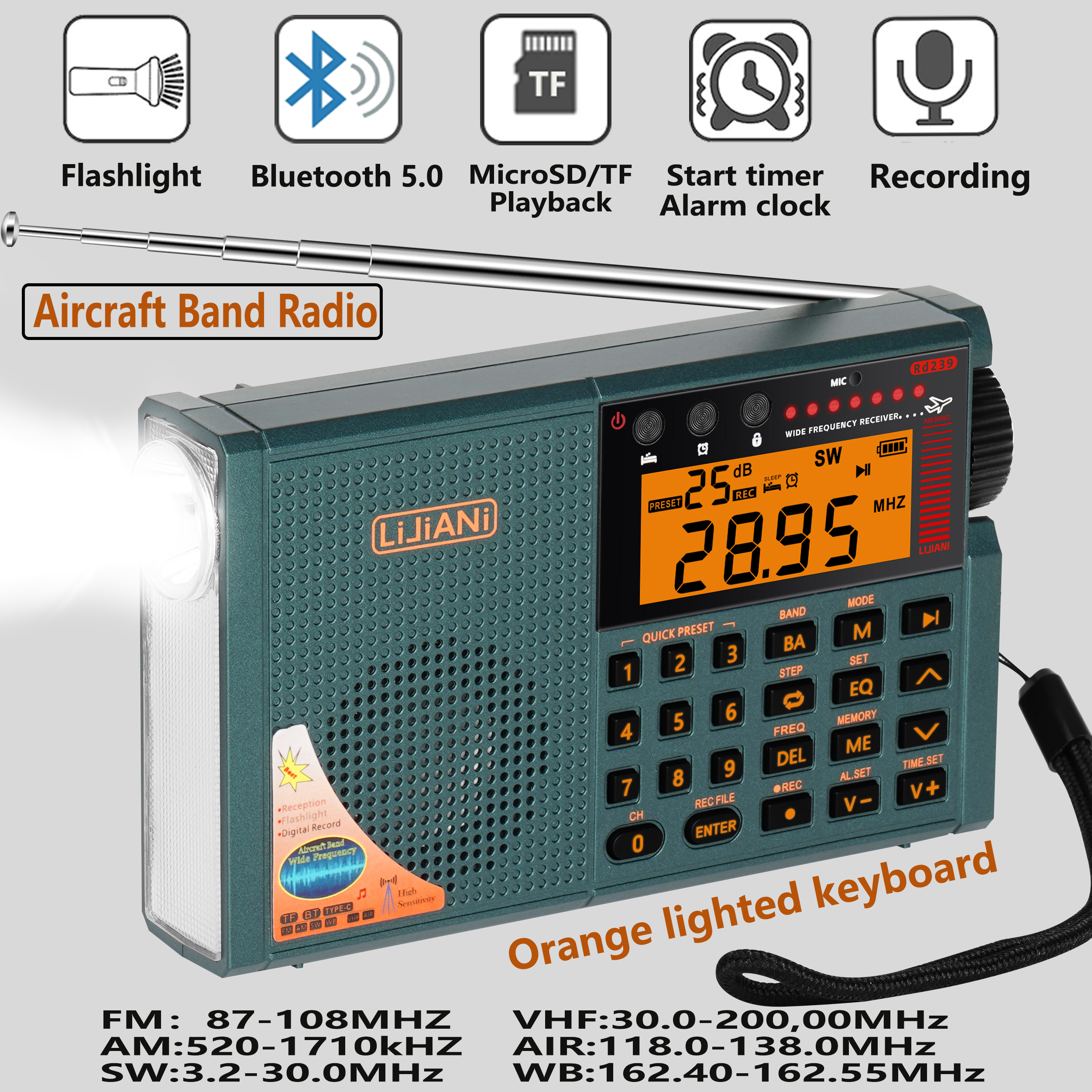 ver v3.3 Shortwave Radio AIR/VHF/AM/FM/SW/WB Bands Transistor with Bluetooth/TF Card/Flashlight,MP3 Player, Digital Record