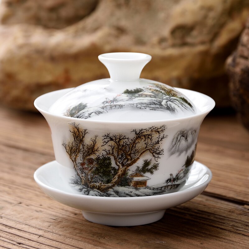 Petit gaiwan 80cc soupière porcelaine céramique | Ensemble de tasses à thé, bol couvert avec couvercle, tasse soucoupe sous glaçure imprimé de mountain river