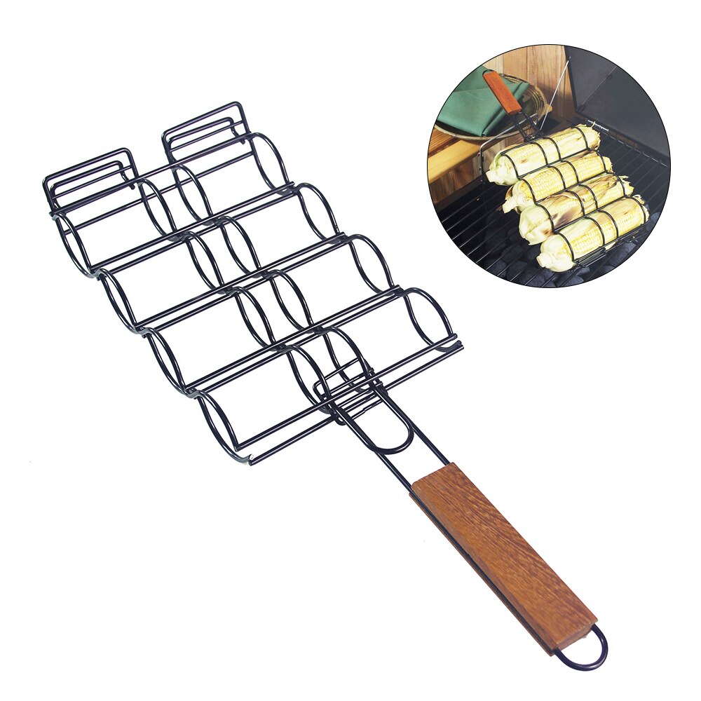 BBQ Corn Grill Basket Metal Corn Holder for Grill Wooden Handle Barbecue Adjustable Non-stick Corn Grilling Basket