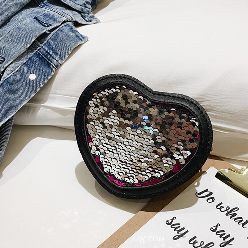 Europe Cute Girls Sequins Coin Purses Heart-shaped Princess Mini Glitter Paillette Bag Kids Chain Messenger Bag Wallets