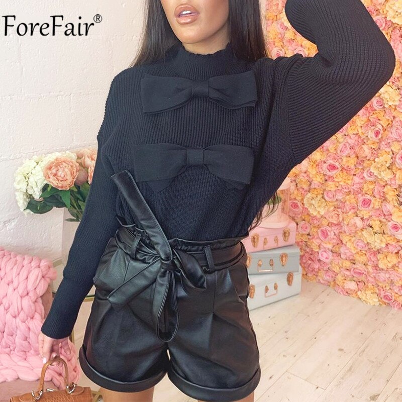 Forefair Vrouwen Boog Coltrui Casual Zwart Herfst Winter Gebreide Dames Trui Warm Solid Trui