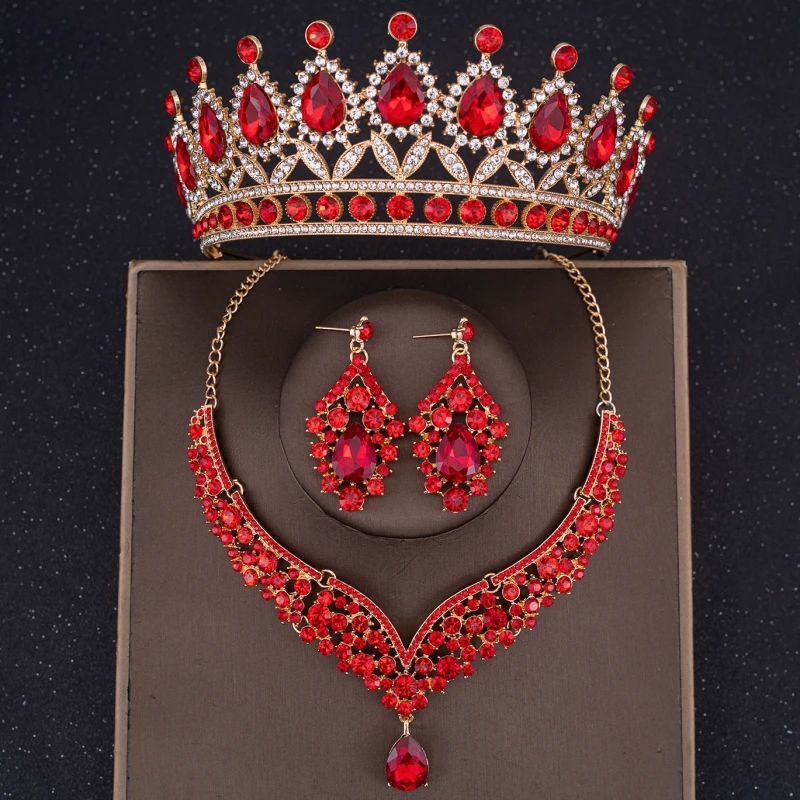 Ensemble de bijoux en biscuits pour patients, couronne en cristal, collier, boucles d'oreilles baroques, accessoires pour cheveux de mariage, de bijoux, 3 pièces: green