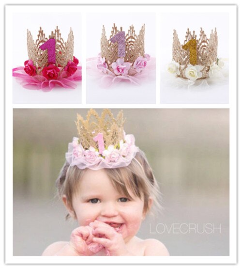 1PC Baby Girl Happy Birthday Party Hats Kids One Year Flower Princess Crown Headband Baby Shower 1st Birthday Decor Party Supply