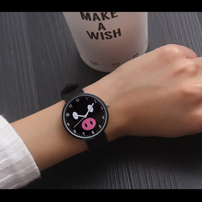 Silicone Polshorloge Vrouwen Horloges Dames Top Quartz Horloge Voor Vrouw Klok Vrouwelijke Uur Relog Montre Femme: black pig