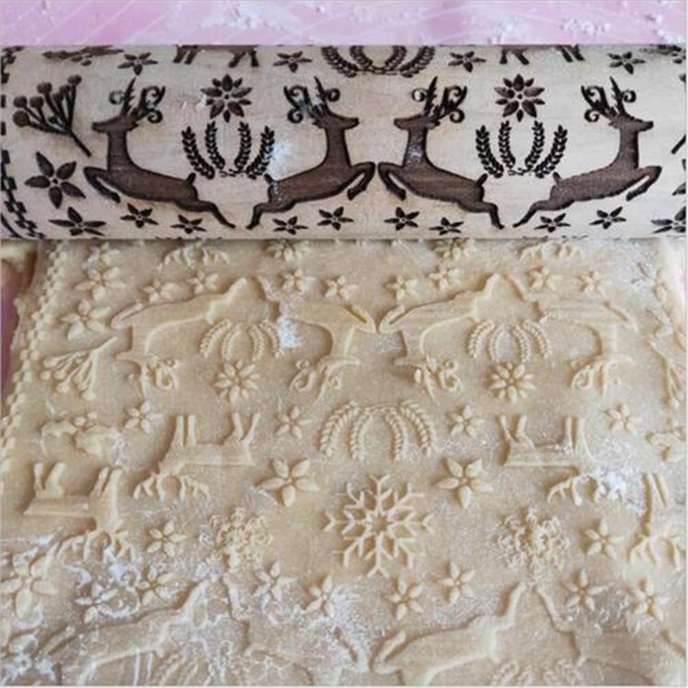 Kerst Embossing Deegroller Keuken Houten non-stick Elanden Afdruk Deegroller Bakken DIY Koken Tool