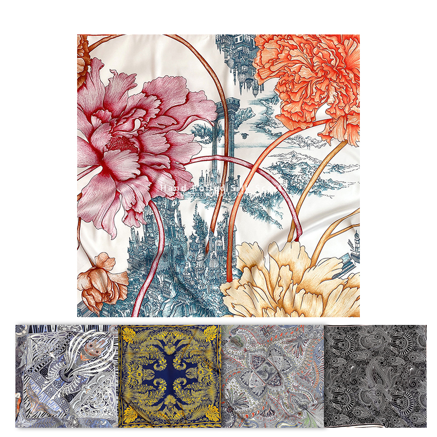 Blomstertryk manuel rullet tørklæde top satin tørklæde 90 x 90 satin firkantede tørklæder bandana 100%  silketørklæde sjaler og wraps