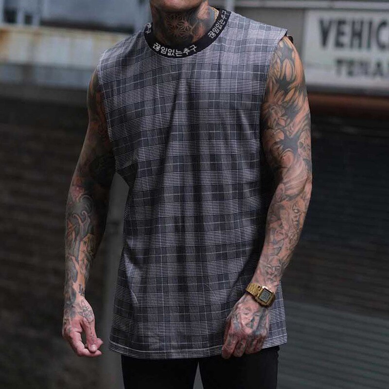 Linne för män hip hop streetwear rutig skjorta ärmlös topp med hög hals t-shirt stringer linne bodybuilding