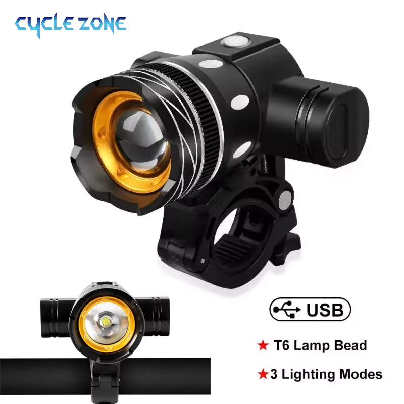 Luz delantera LED T6 para bicicleta, faro para bicicleta con Zoom ajustable, recargable por USB, resistente al agua, accesorios para bicicleta de montaña