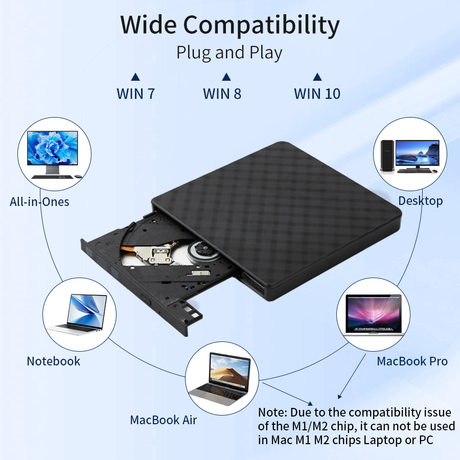 Externes DVD-Laufwerk, USB 3.0, tragbar, schlank, optisches Laufwerk, Brenner, Lesegerät, Player, Tablett-Typ, tragbar, für Laptop, PC, Computer