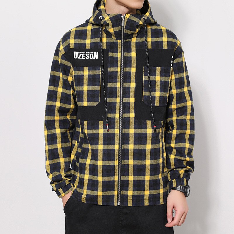 Riinr lente en herfst heren geruite ritsjas met capuchon, kort model, jeugd all-match, casual jas met tooling pocket, m -3xl