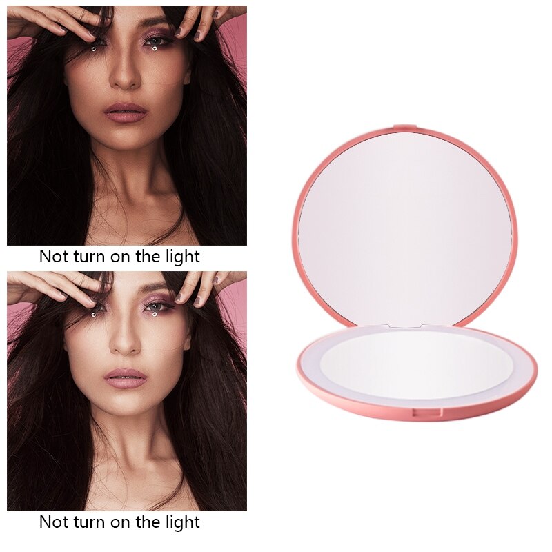 Espejo LED de bolsillo para maquillaje, Mini, portátil, con luz recargable, compacto, de mano, 1x aumento, plegable, espejo de belleza