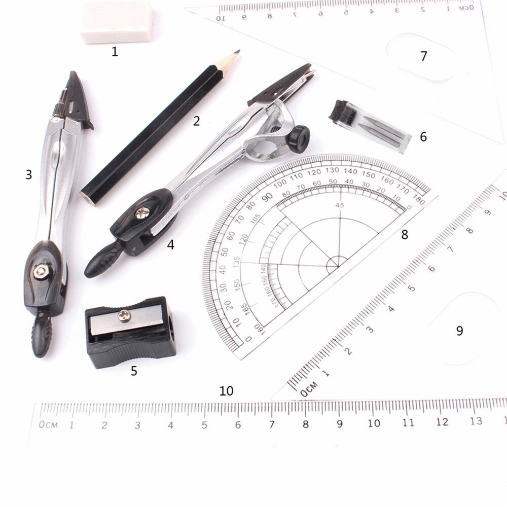 10pcs/set Metal Drawing Compasses Geometry Protractor Ruler EraserSet School Stationery Drafting Tools Office Stationery: Default Title