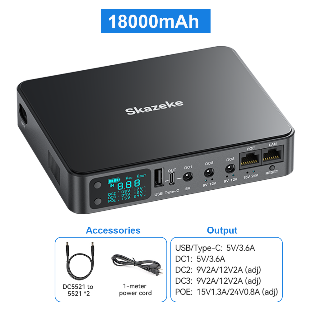 18000 mAh 10400 mAh USV-Backup-Batterie DC 5 V 9 V 12 V unterbrechungsfreie Stromversorgung Router-Überwachung Mobile Power Bank mit Batterie: schwarz