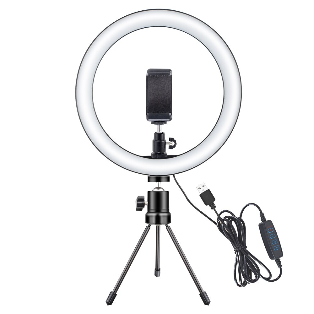Selfie ledet ringlys 10 tommer toiletbord forfængelighed spejl lys dæmpbar usb telefon makeup lampe video live studio skønhed belysning: Kold hvid