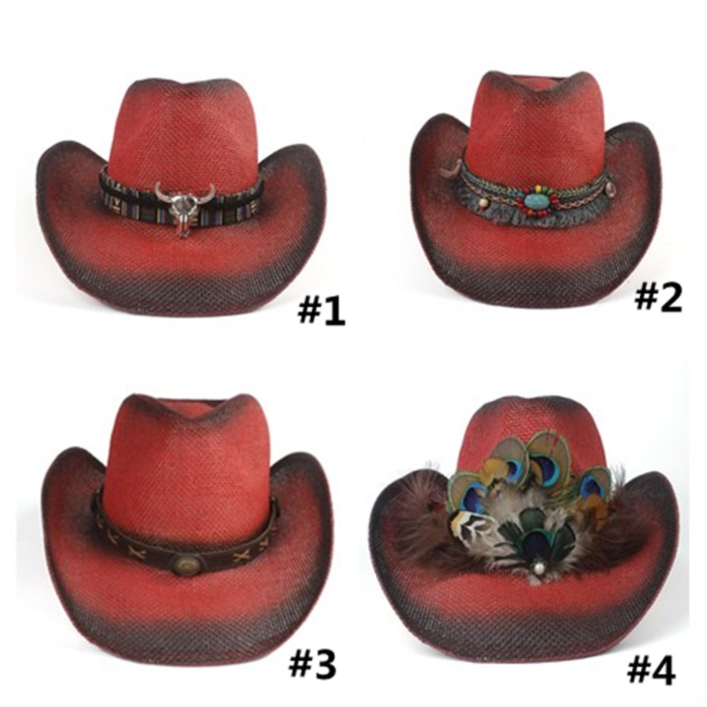 Kvinder mænd strå hul western cowboy hat dame rød bohemia kvast sombrero hombre beach cowgirl jazz solhat str. 58cm