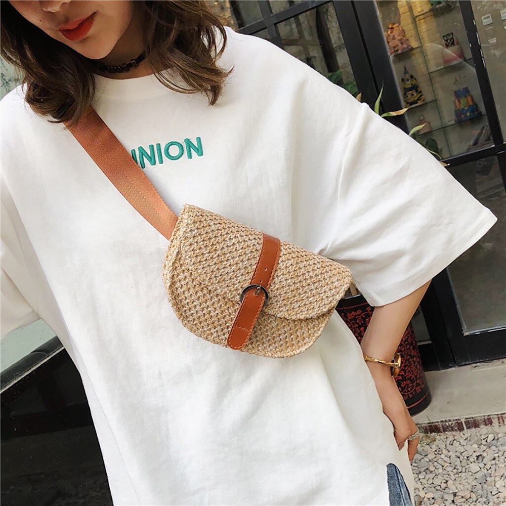 Aelicy Simple Chest Bag Women Straw Adjustable Shoulder Bag Outdoor Mobile Phone Stylish Waist Bag Cover Messenger Bag: Brown
