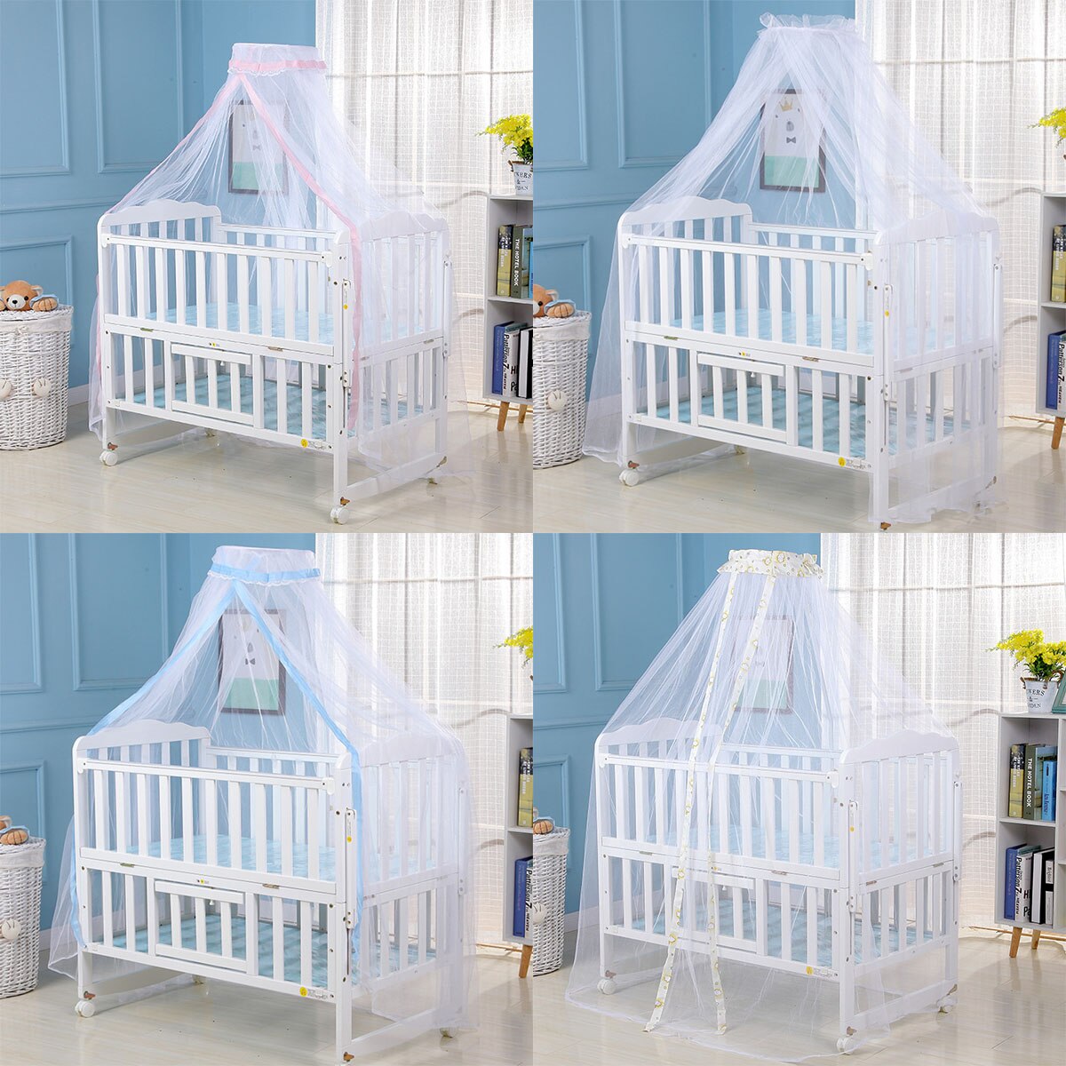 Myggenet baby seng myggenet mesh kuppel gardinet til småbørneseng barneseng baldakin blå hvid farve dropshipp
