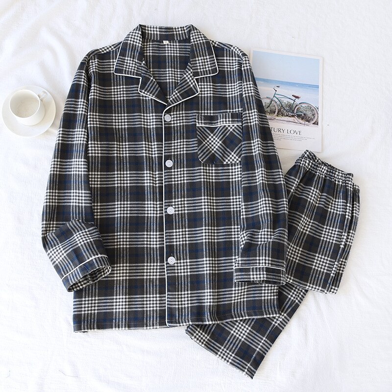 Pijama de franela de algodón para hombre, ropa de dormir de manga larga, para primavera y otoño: Negro / M