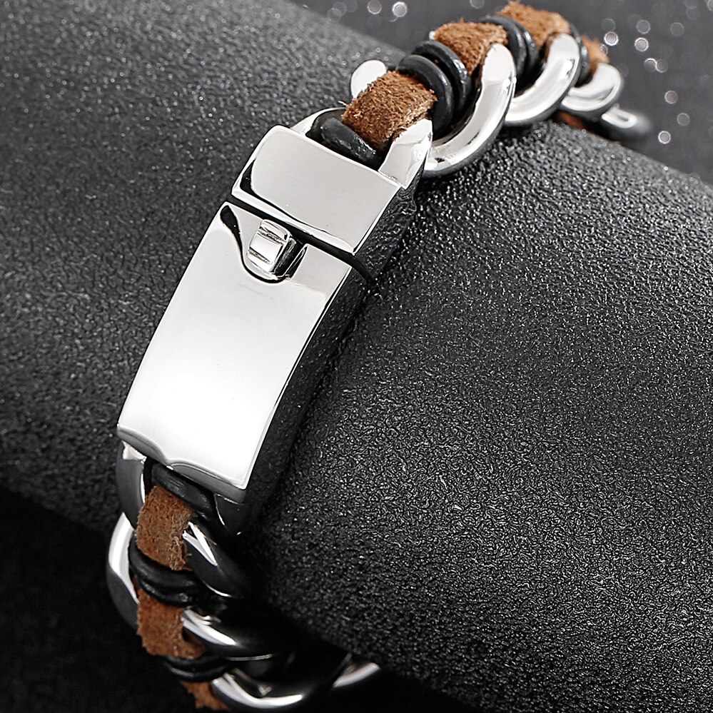 Handgemaakte Lederen Wrap Armband Mannen Jongens Armbanden Titanium Rvs Heren Biker Sieraden Accessoires Manchet Bangle Mannelijke