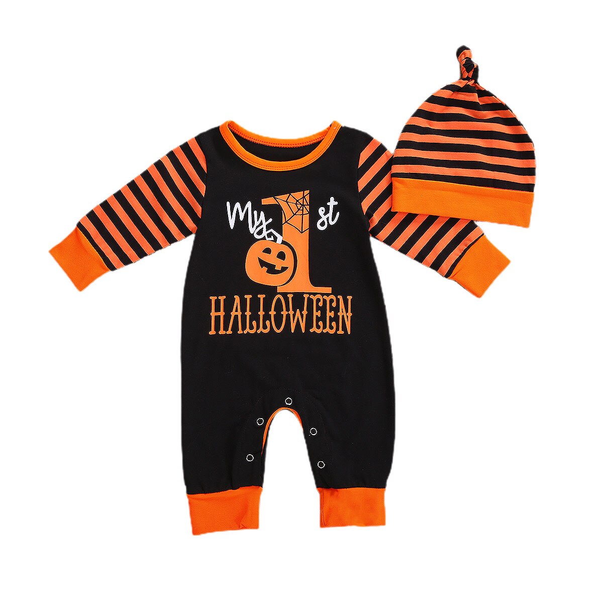 Focusnorm herfst kinderen meisjes jongens rompers mutsen halloween pompoen print lange mouwen gestreepte jumpsuits feestoutfits
