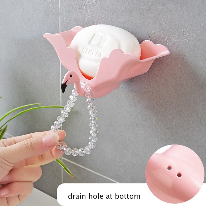 Flamingo Soap Dishes Drain Suction Cup Box Wall-mounted Soap Protection Tray Storage Shelf Rack with Hook Bathroom Tools