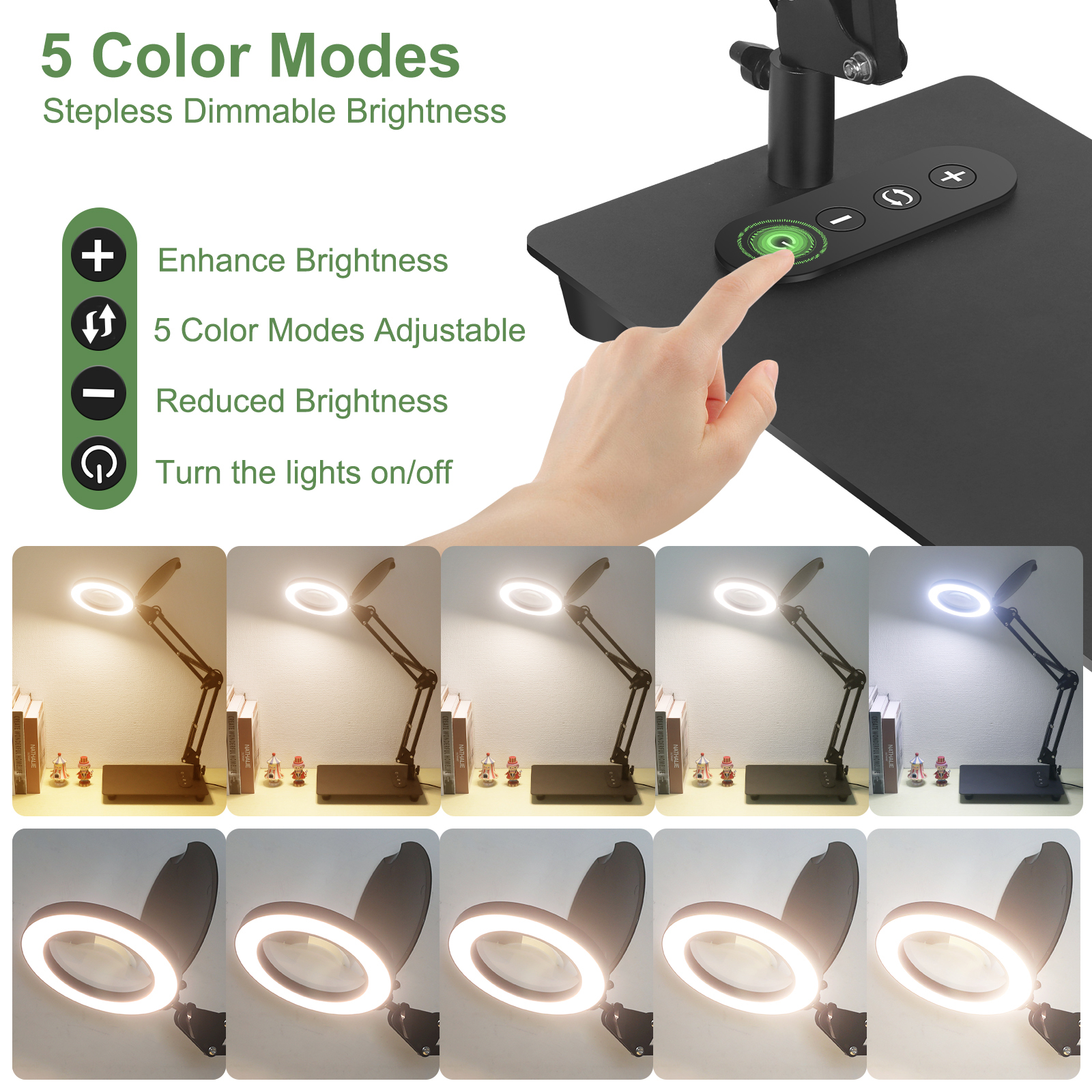 Magnifying Glass with Light and Stand 5X Magnifying Lamp with 5 Color Modes Stepless Dimmable Adjust Swivel Arm Desk Magnifier