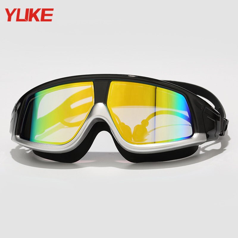 YUKE hommes femmes noir bleu rose rouge jaune coloré lunettes de natation anti-buée UV placage grand cadre myopie lunettes de natation: Black