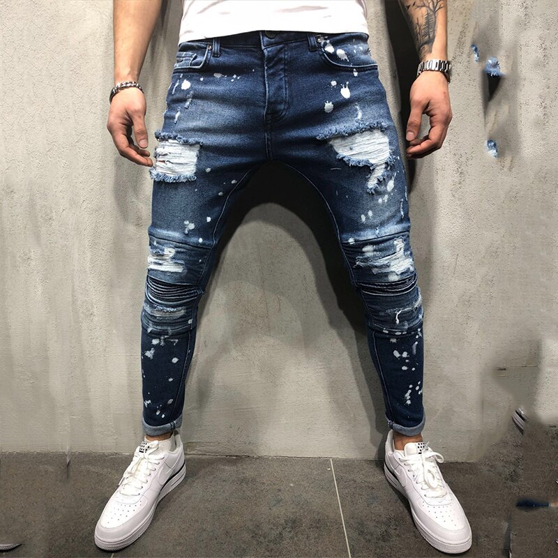 Stretch Slim Fit Pleated Spray Paint Pants Men's Jeans European and American Ripped Men's Jeans