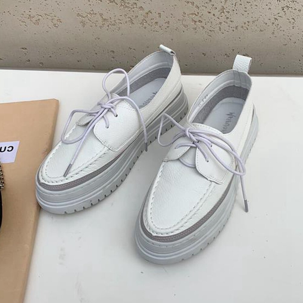 Zapatos de plataforma plana con punta redonda y cordones para mujer, de tacón bajo sólido Blanco, informales, con estilo, talla grande 39, novedad