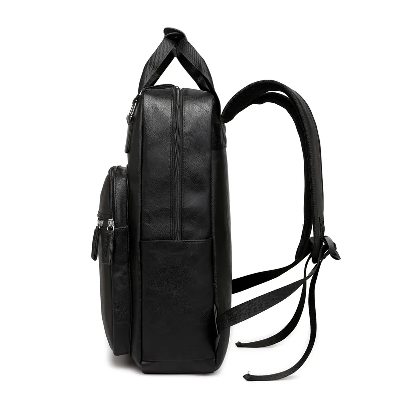 black work backpack PU leather bag man shoulder bags Waterproof male backpack 15.6 inch laptop computer bag boys school backpack