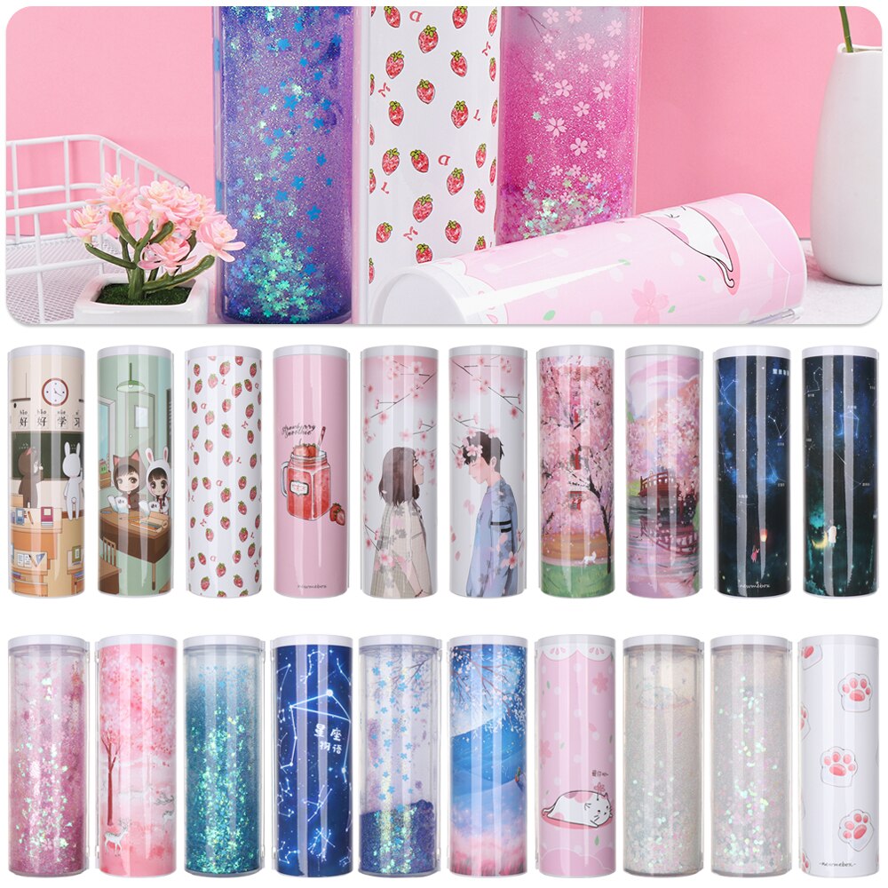 1PC 6.7*6.7*21cm Portable Quicksand Translucent Cylindrical Password Pencil Box Multifunction Pencil Cases School Stationery