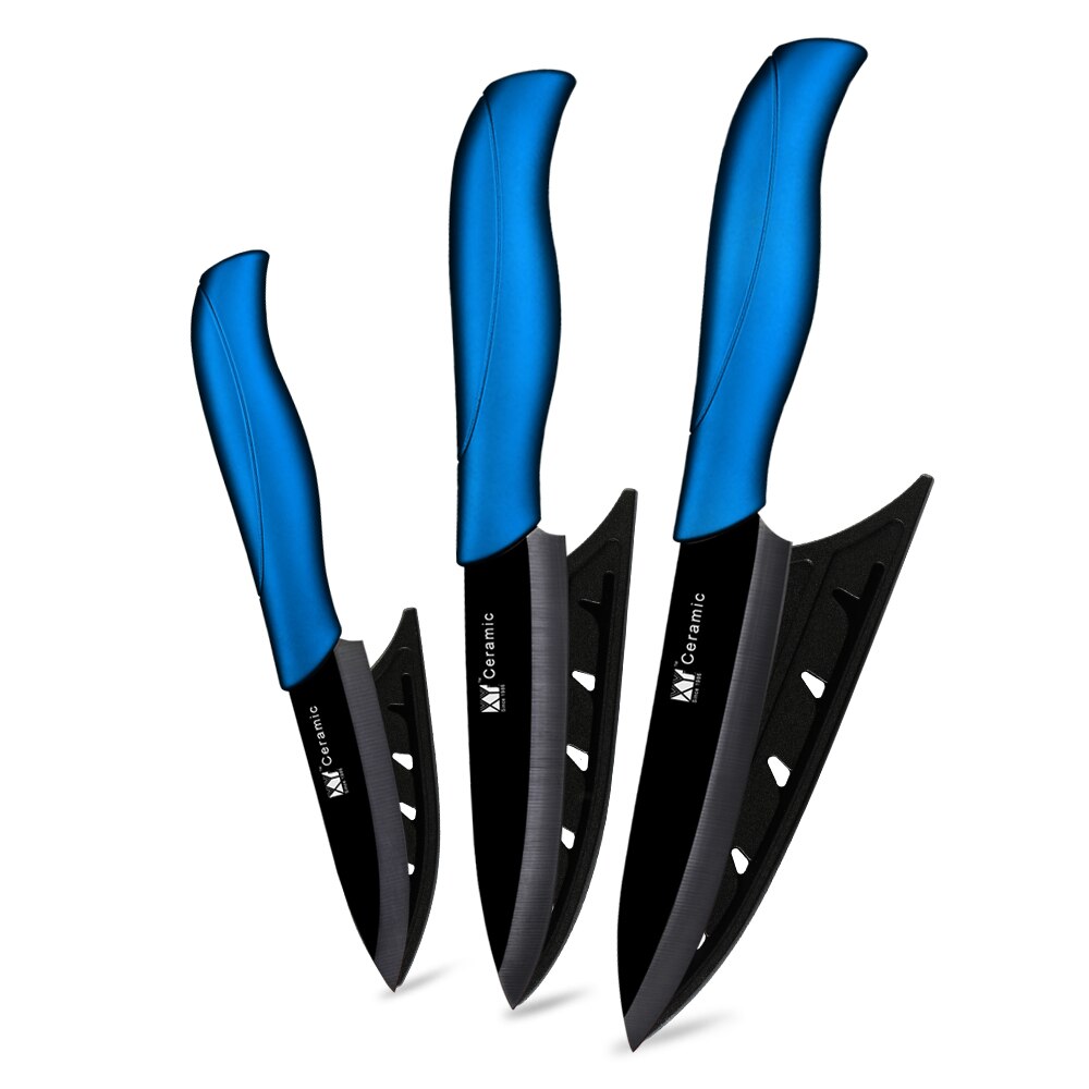 Keramik Messer 3 4 5 6 zoll Küchenmesser Set Peeler Zirkonia Schwarz Weiß Klinge Obst Koch Messer Vege Kochen werkzeug Stand Abdeckung Fall: Blue 3 Pcs Set