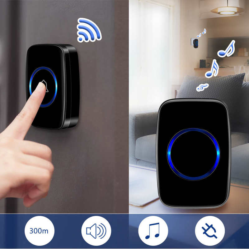 Wireless Doorbell Ring Door Bell Chime Kit Waterproof 2 Plug in Receiver and 1 Battery