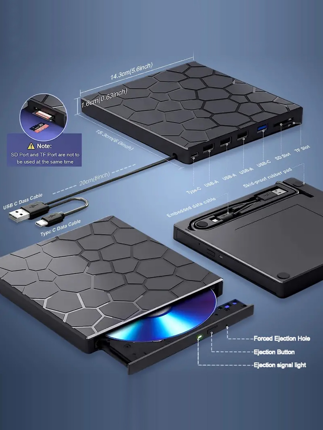 Laptop external CD/DVD drive, 8-in-1 USB 3.0 ultra-thin portable, player and burner CD/VCD/DVD