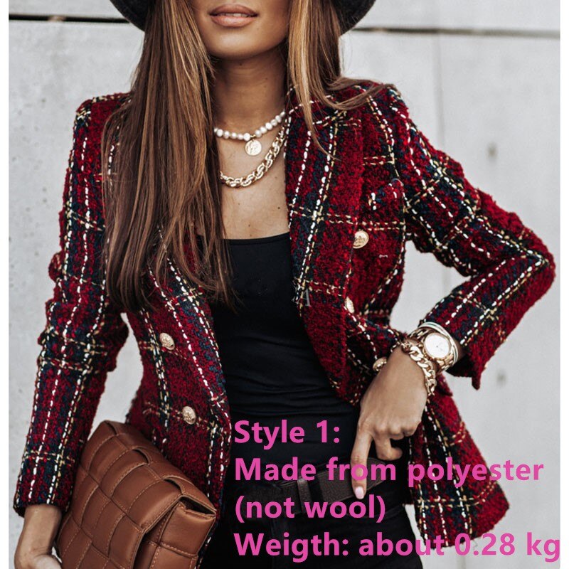 Dubbelrijs jas met kraag, dames slim fit geruite jas, herfst, lange mouwen, bovenkleding  am2219: Stijl 1- rood / S