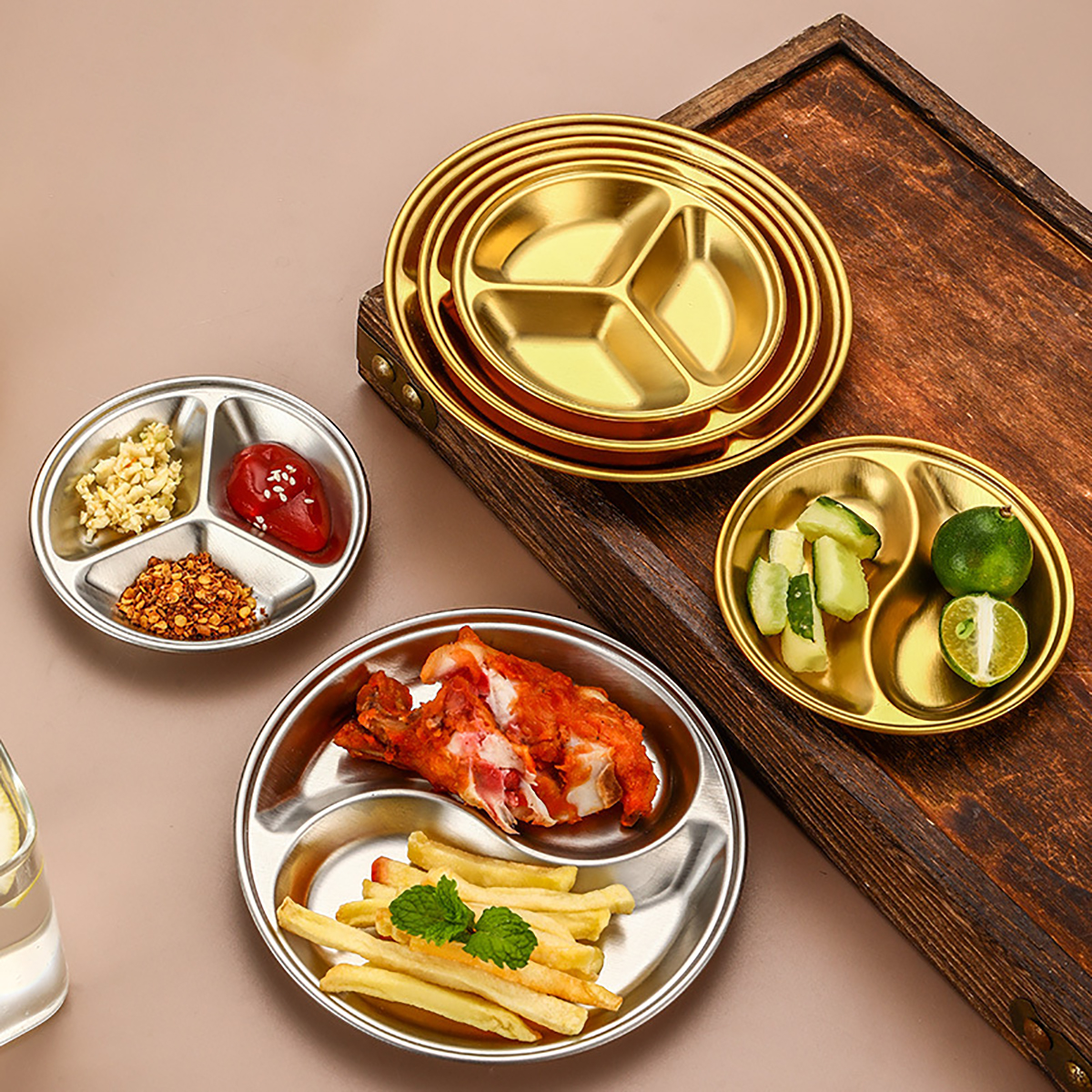 2pcs/set Korean Style Barbecue Dipping Dish Stainless Steel Circular Grid Plate Thickened Golden Sauce Dish Snack Plate