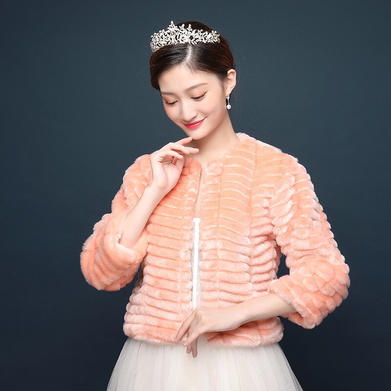Trouwjurk Accessoires Faux Fur Bruiloft Jas Wrap Bolero Bolero Rood Roze Herfst Winter Jas Dikke Warme Bont Bruiloft Jassen: Peach