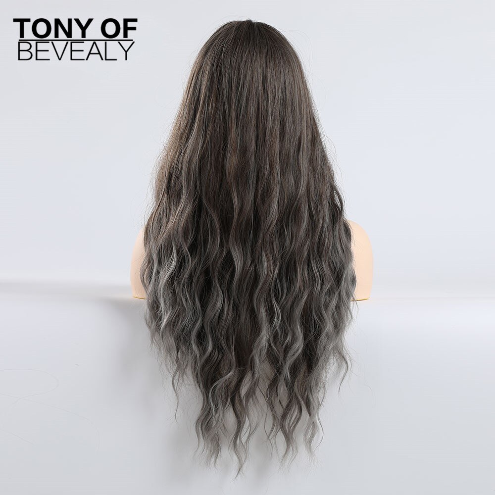 Pelucas de pelo Afro Natural ondulado largo sintético con flequillo para mujeres negras, pelucas onduladas marrones grises y grises con flequillo, fibra resistente al calor