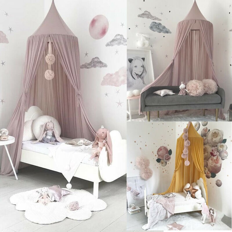 Grey Pink Princess Girls Bed Canopy Crib Curtain Mosquito Net Kids Play Tents Children Play House Castle Baby Room Decoration