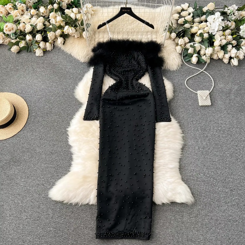 Dam chic fluffig lapptäcke rhinsten långärmad bodycon-klänning med snedskuren halsringning och smal höft- och omlottklänning