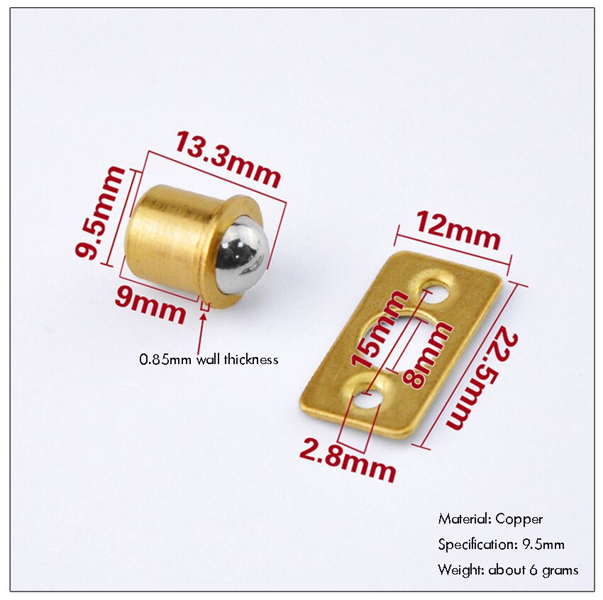 10PCS/Lot Brass Plated Closet Door Drive-in Ball Catch w/ Strike Plate, Ball Catch Door Hardware for Closet, Cabinet, Furniture: 9.5mm with Plate