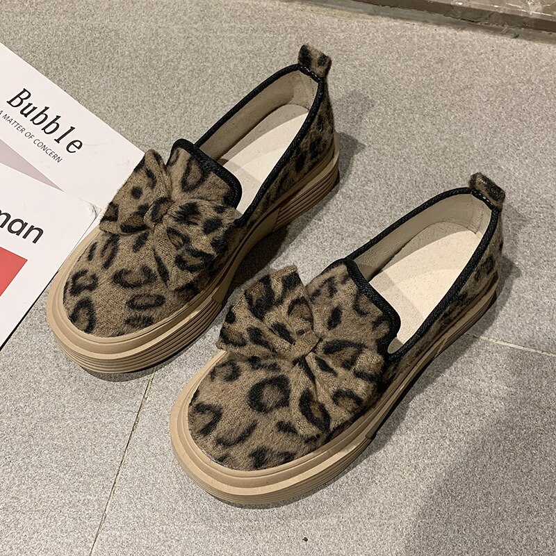 Bow-knot gingham slip on moccasins round toe creepers women shoes casual comfy brief cute loafers all match flats female: leopard / 8.5