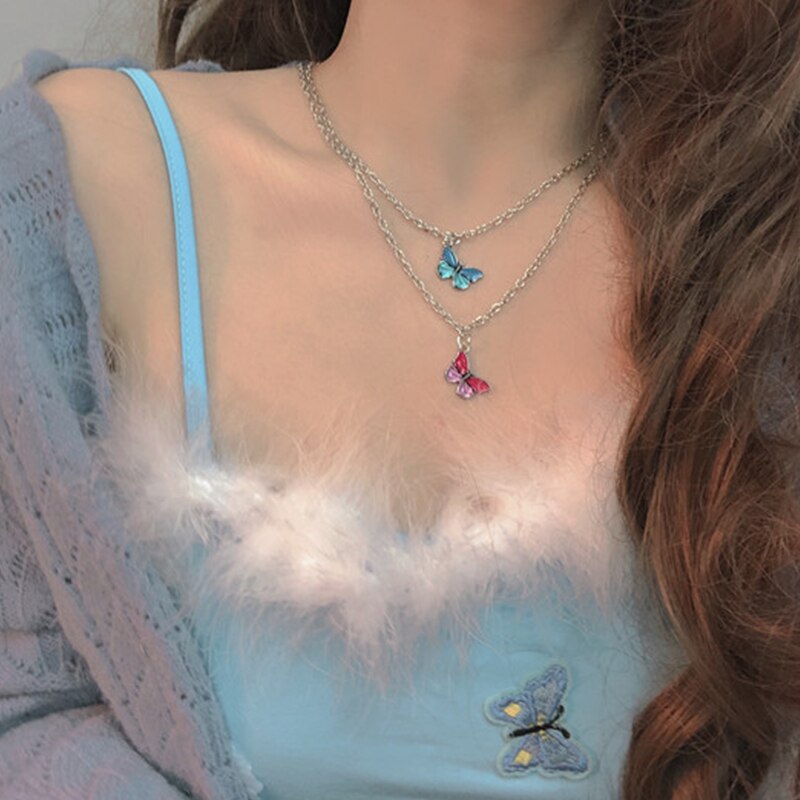 HUANZHI Neue Gebühr Harajuku SchöNe Mini Bunte Schmetterling Anhänger Halsband Kurze Halskette Für Frauen Mädchen Partei Schmuck