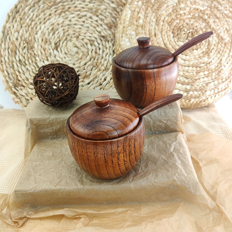 Eco-Friendly Wooden spice jar salt and pepper Seasoning Jar Natural Spice Tank with Lid and Spoon Seasoning Container Kitchen